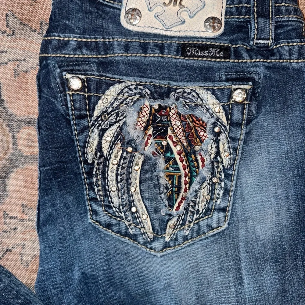Miss Me Dark Blue Boot Cut Jeans with Embellished Pockets - Picture 2 of 4